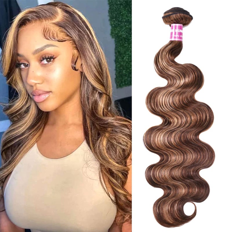 UNice Honey Blonde Highlight Body Wave Human Hair Weave 1 bundle 18 inch Brazilian Remy Hair Dark Root Ombre Blonde Human Hair Extensions for Sew In TL412 Color